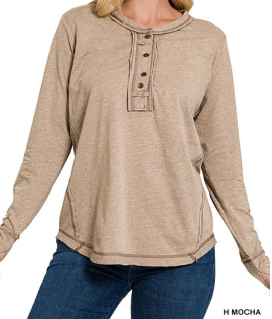 Thumb Hole Cuffs Button Closure Long Sleeve Top Mocha