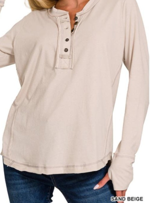 Thumb Hole Cuffs Button Closure Long Sleeve Top Sand Beige