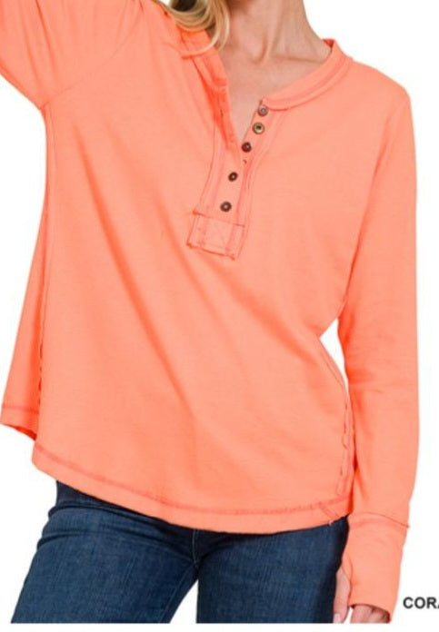 Thumb Hole Cuffs Button Closure Long Sleeve Top Coral