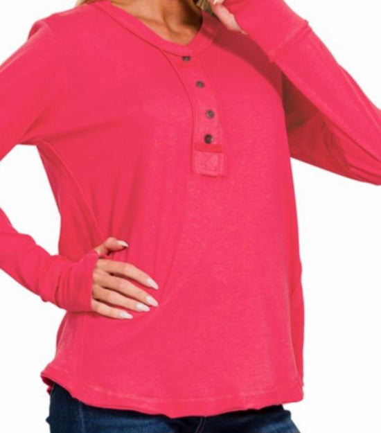 Thumb Hole Cuffs Button Closure Long Sleeve Top