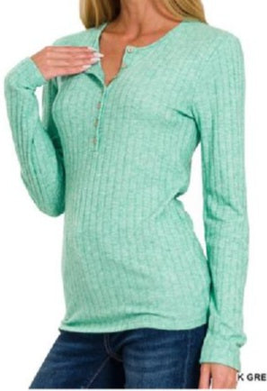 Ribbed Long Sleeve Button Down Top K Green