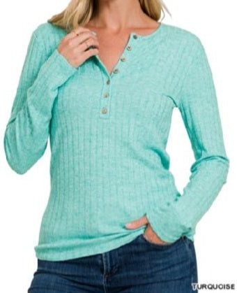 Ribbed Long Sleeve Button Down Top Turquoise