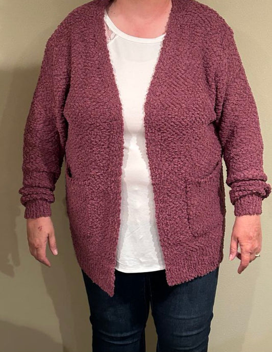 Plus Long Sleeve Popcorn Cardigan with Pockets Eggplant