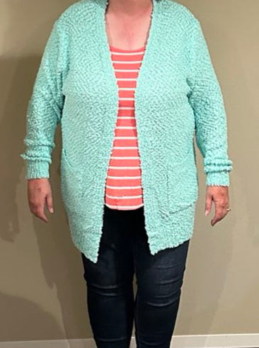 Plus Long Sleeve Popcorn Cardigan with Pockets Green/Mint